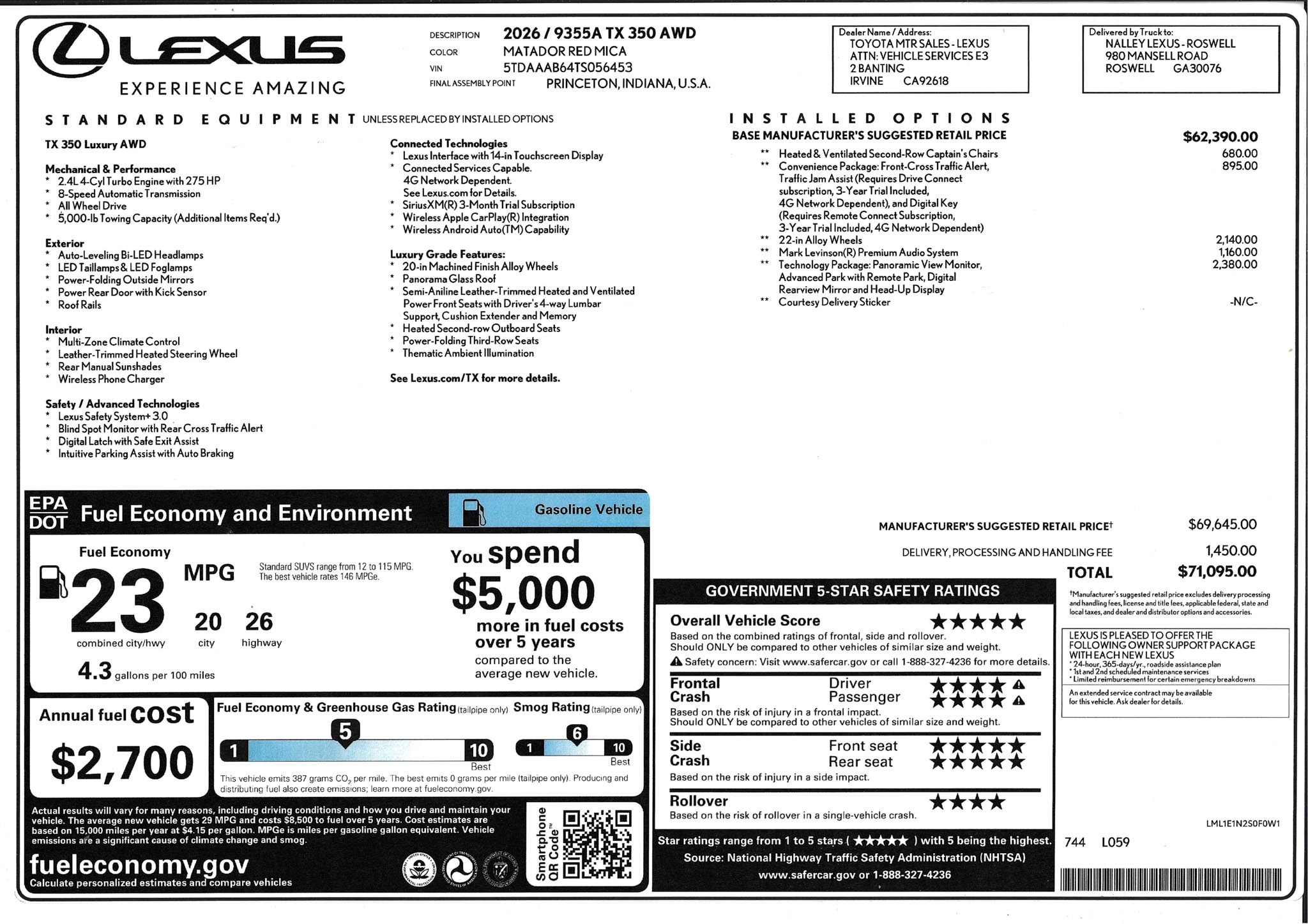 Lexus TX 350 Luxury AWD price window sticker